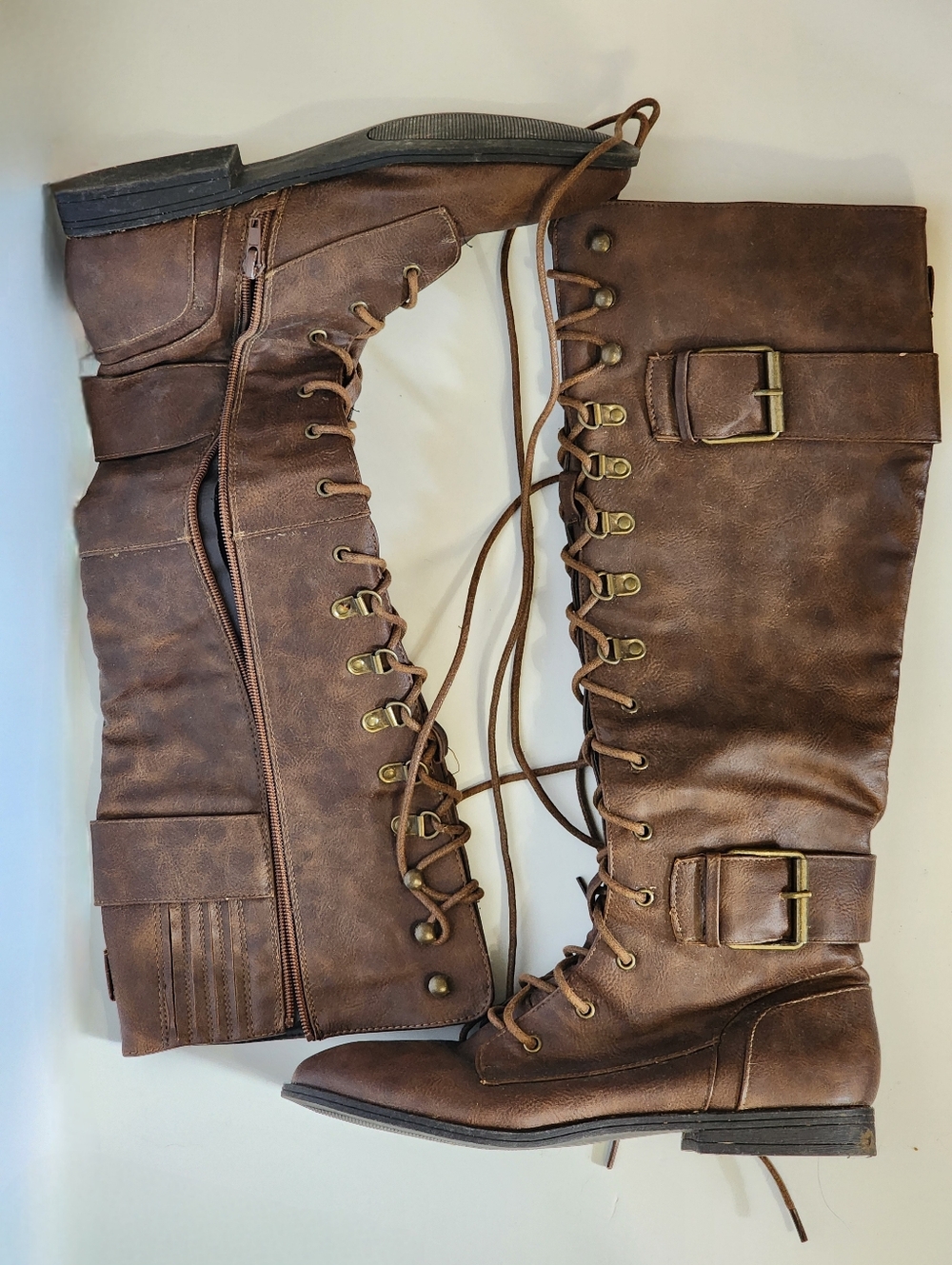 Chestnut Brown Lace Up Tall Flat Boots - Picture 2 of 3